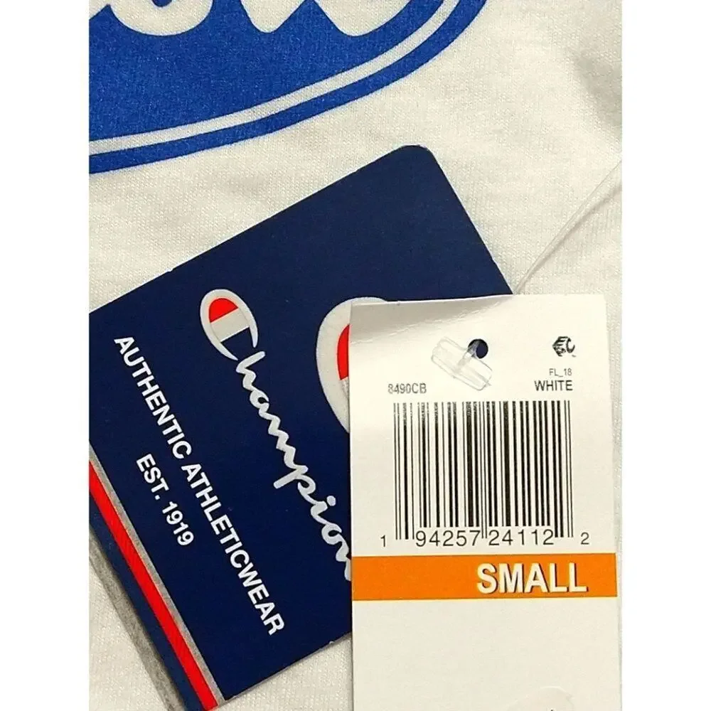 Champion Boys T-Shirt Size Small (S) White Crew Neck Short Sleeve Blue Logo